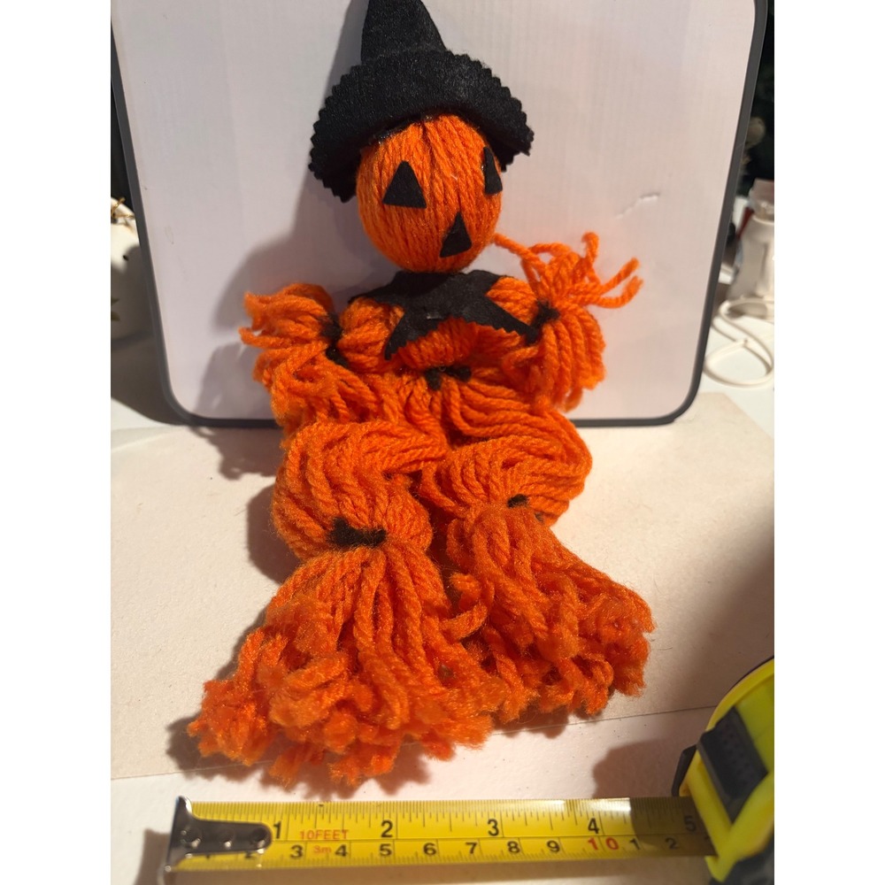 Vintage Handmade Yarn Pumpkin Witch Doll Halloween Folk Art Decor Orange Black